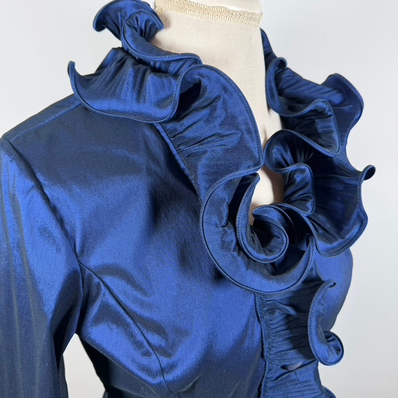 Samuel Dong Blue Satin Wired Ruffle Button Top Blouse Stretch Artsy Chic Size 8 - Picture 7 of 13